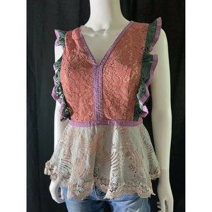 Sugar+Lips Women's Lace Top Pretty Color Mix With Flutter Sleeve Details Size S
